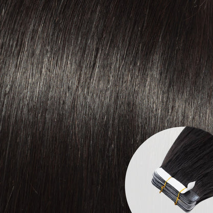 Close-up of raw natural straight hair tape-in extensions by SL Raw Virgin Hair.