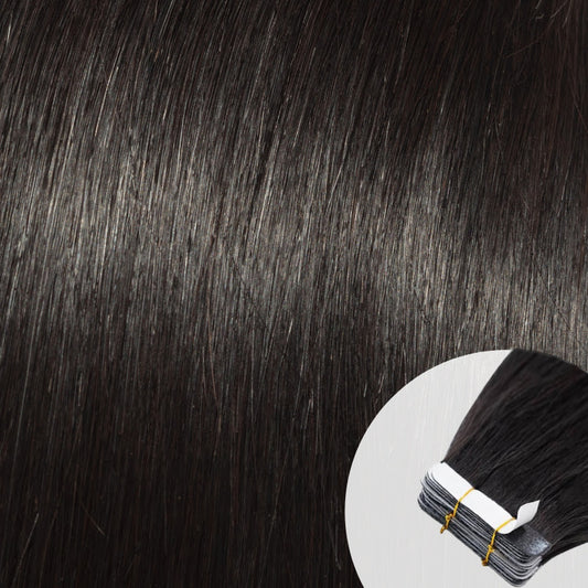 Close-up of raw natural straight hair tape-in extensions by SL Raw Virgin Hair.