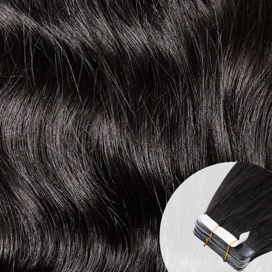 Close-up of raw virgin, wavy, natural black tape-in hair extensions by SL Raw Virgin Hair. 
