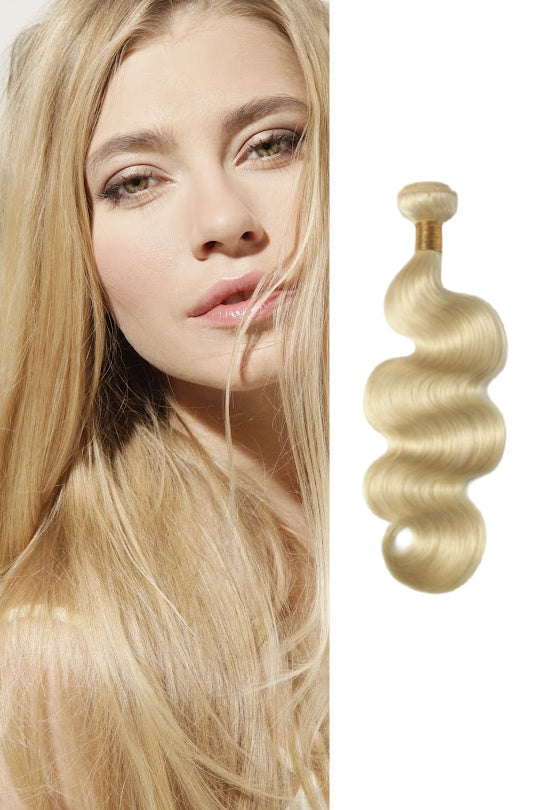 Russian blonde wavy hair extensions for sew-in and bonding applications. Secure wefts sold in 3.3oz bundles.