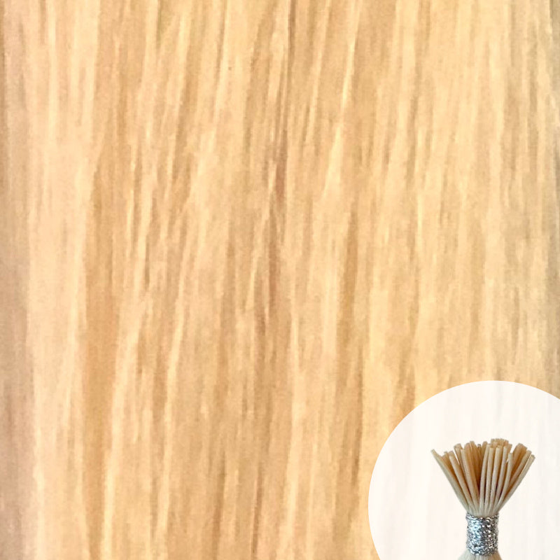 Alpine blonde seamless I-tip hair extensions with a circular inset showing an up-close bundle of the i-tip hair strands on a white background.