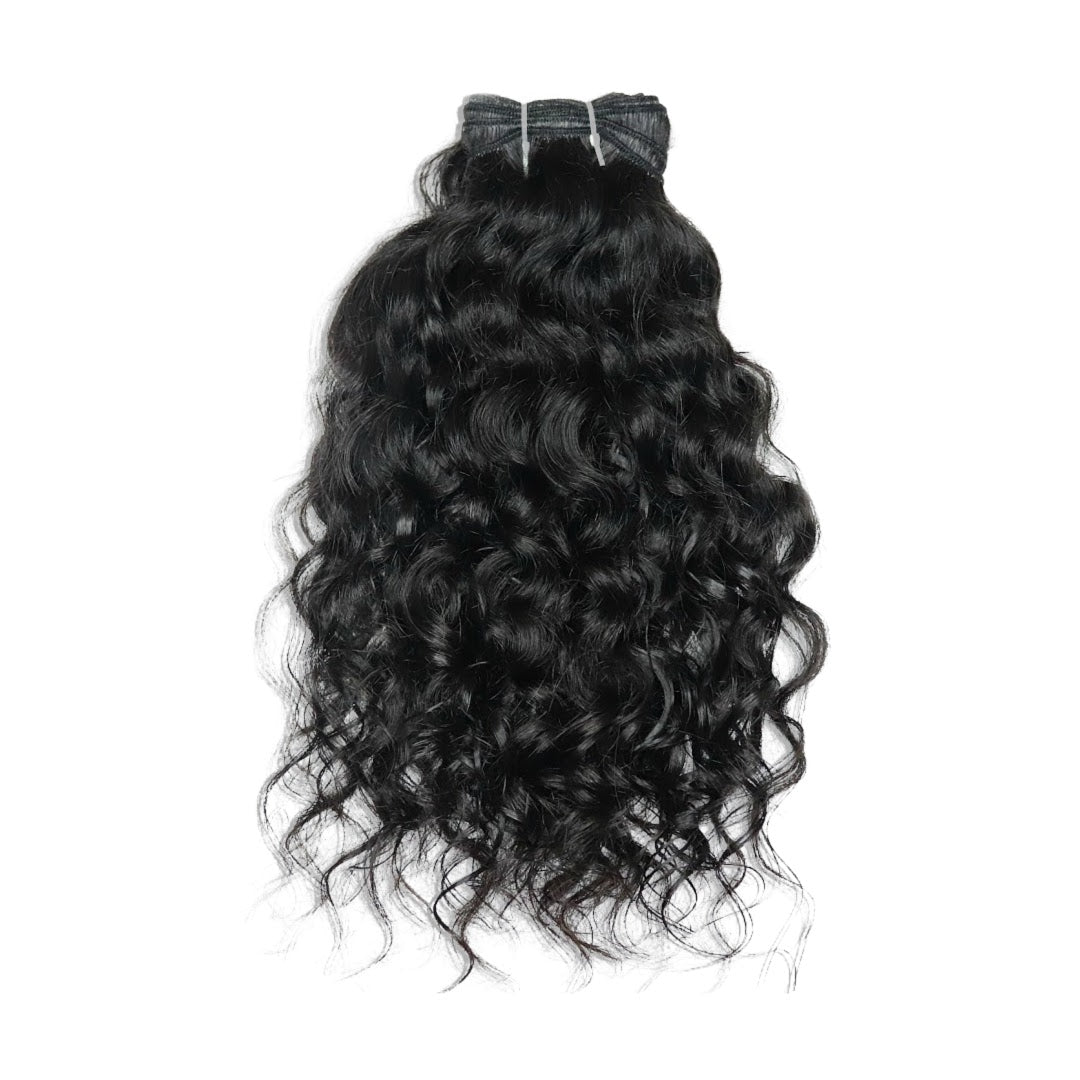 Natural Looking Raw Indian Loose Curly Hair weft for women. Nice soft texture. Minimal frizz. Hair color #1B. Hair type 2A-2B. Weight 100 grams. Available in lengths 12”-26” inches