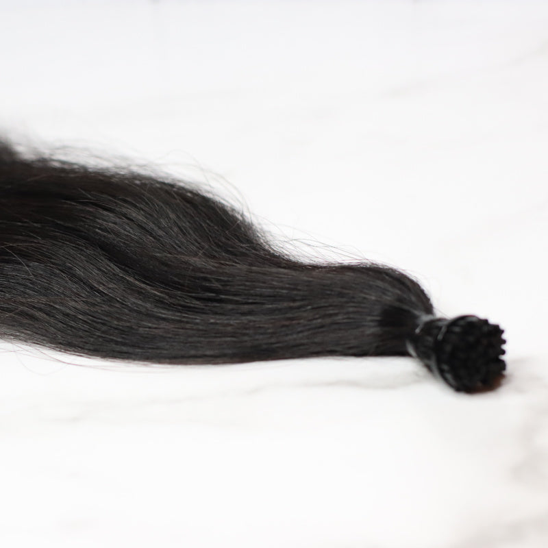 SL Raw Virgin Hair carries stick I tip 50pcs Raw Natural Wavy hair i-tip extensions in Natural Black #1B for micro links. 