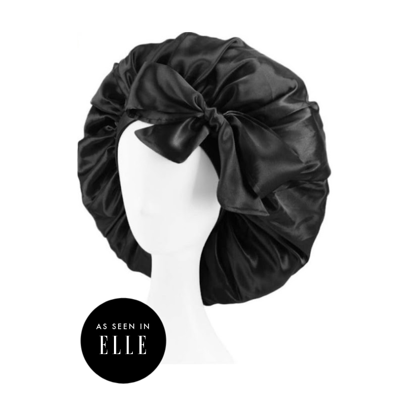 Top listed Large No-slip Satin Black Hair Bonnet with edge tie for protection featured by ELLE Mag - Available at SL Raw Virgin Hair $19.99