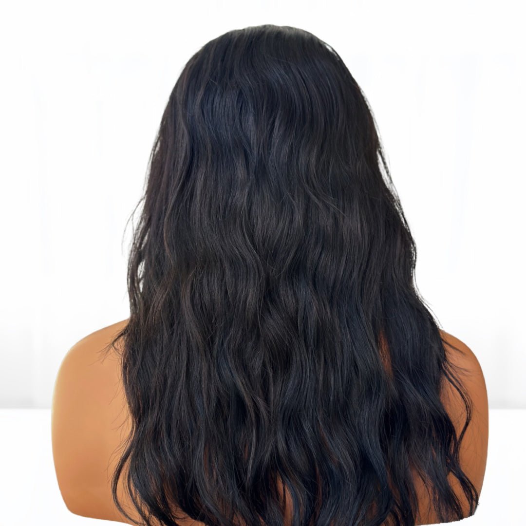 The back view of Easy Do-It-Yourself U-part wig for beginners Hair: Natural 1B Human Hair Style: Brazilian Body Wave: U-Part Density: 130% Coloring: Can lift to #27 Length: 10"- 22" Hair Grade: Virgin Hair