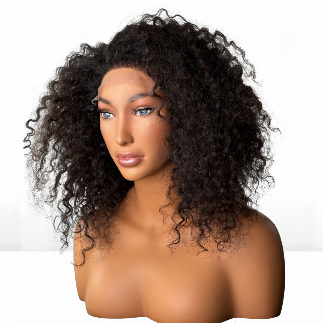 SLRVH 16" Burmese Curly Natural Black Fit 'N' Go wig with a 6x6 Lace closure. Free parting hair. Beautiful natural hairline. This Wig so easy to apply on for everyday wear and to install behind the hair line..