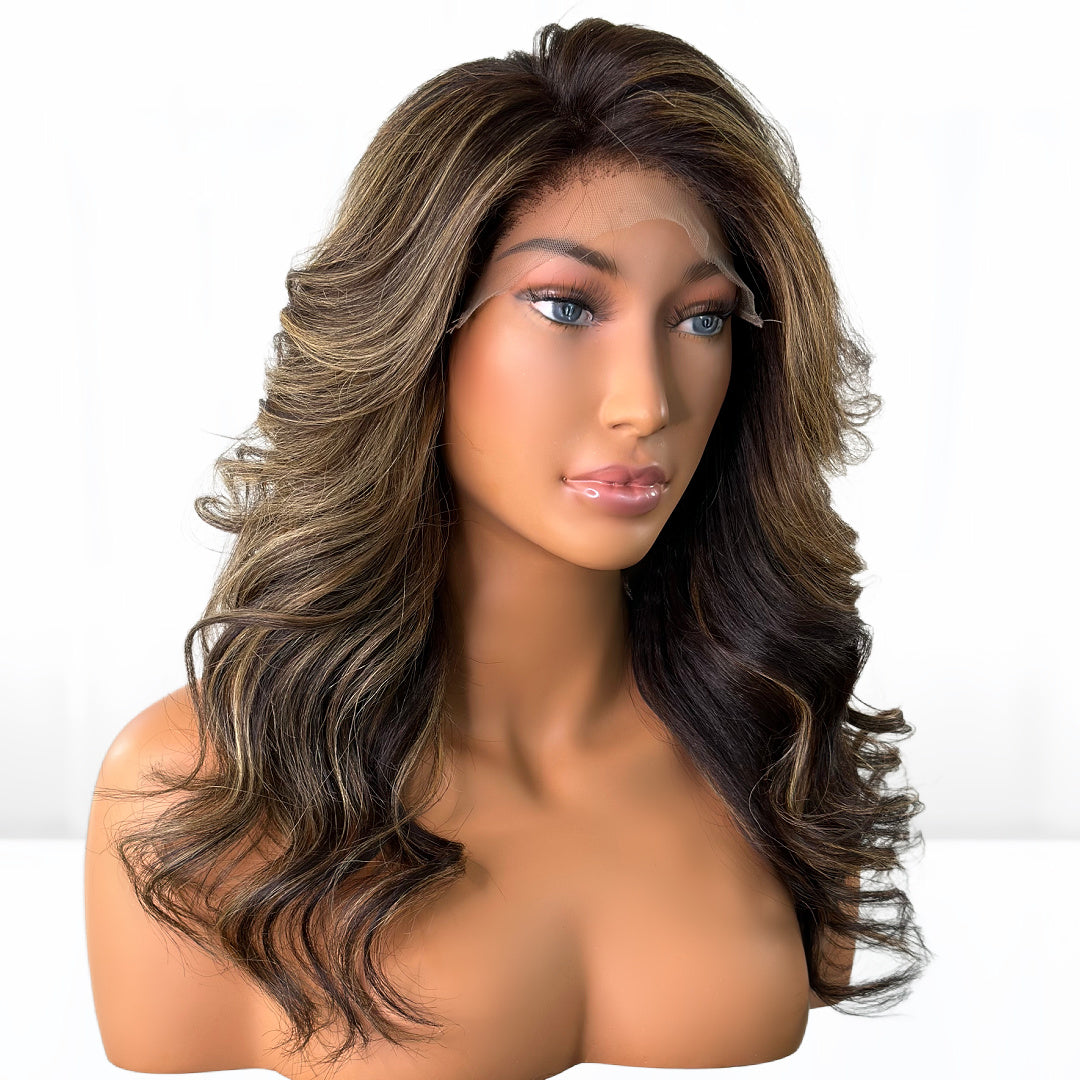 Beyoncé-Inspired Textured Straight Fit 'N' Go Wig, meticulously crafted for the queen in you. glueless wig flawlessly blends dark, rich brown hues with vibrant blonde highlights