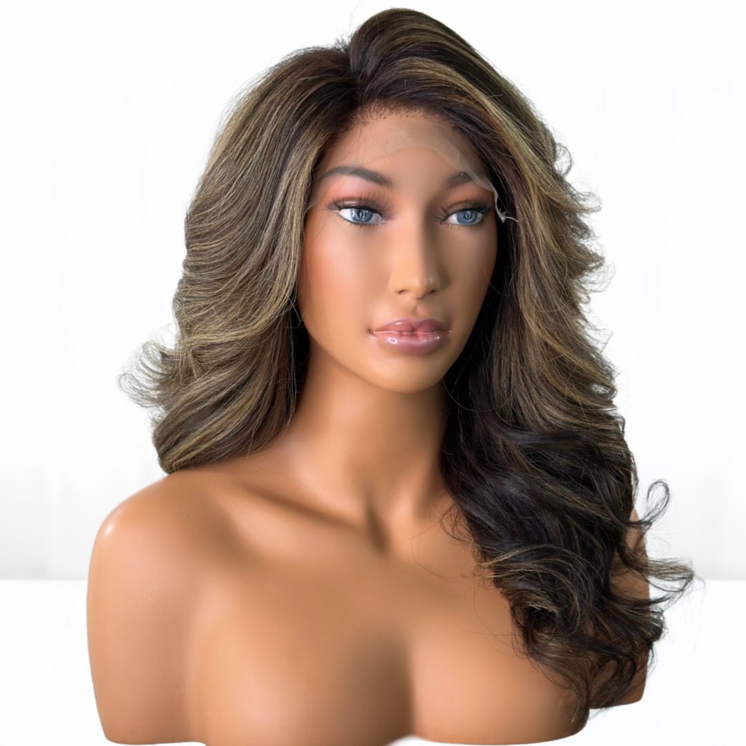 Beyoncé-Inspired Textured Straight Fit 'N' Go Wig, meticulously crafted for the queen in you. glueless wig flawlessly blends dark, rich brown hues with vibrant blonde highlights