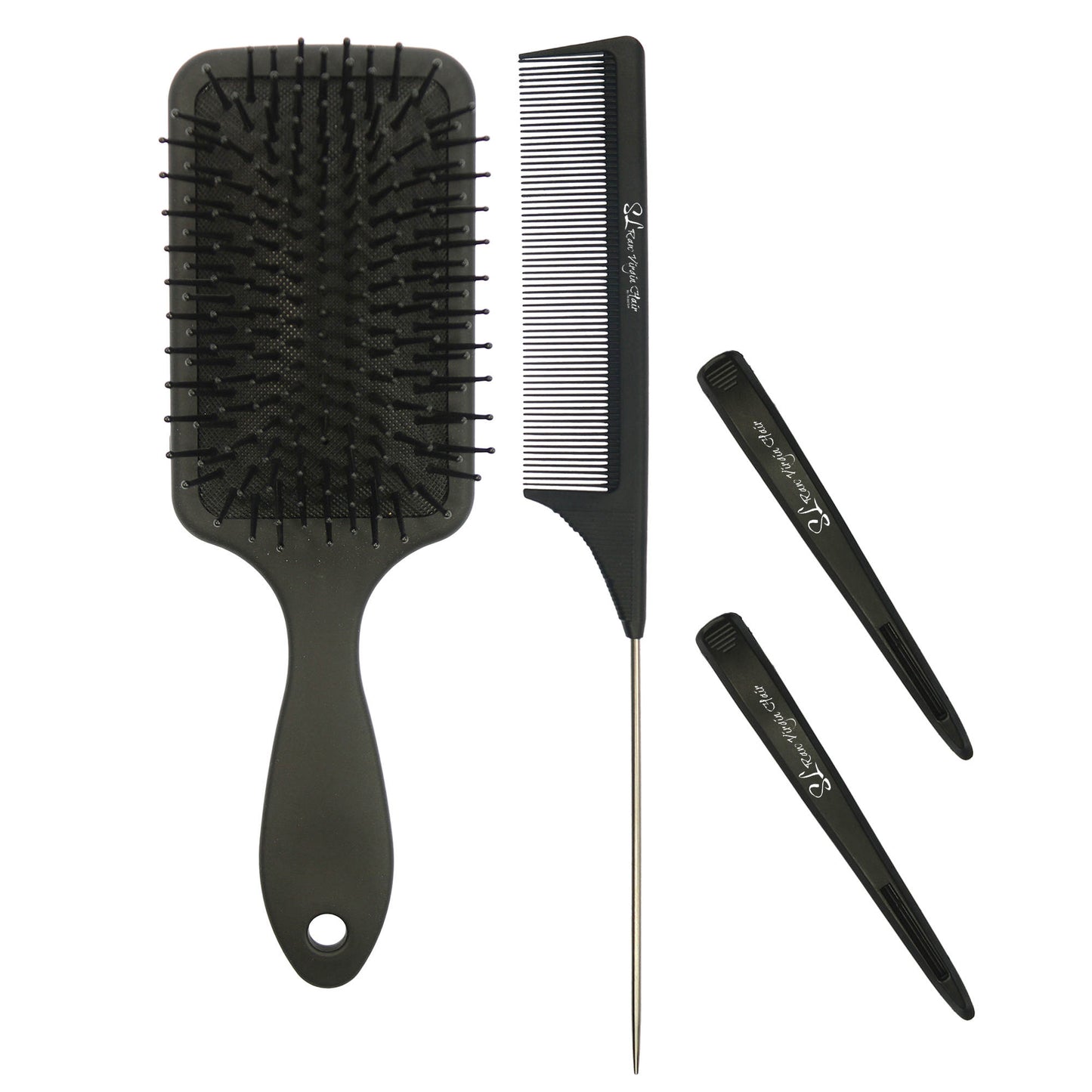Hair Extension Maintenance Set of black hairbrush, clips, and comb on a white background