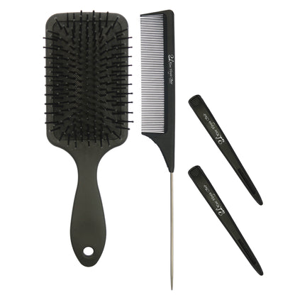 Hair Extension Maintenance Set of black hairbrush, clips, and comb on a white background