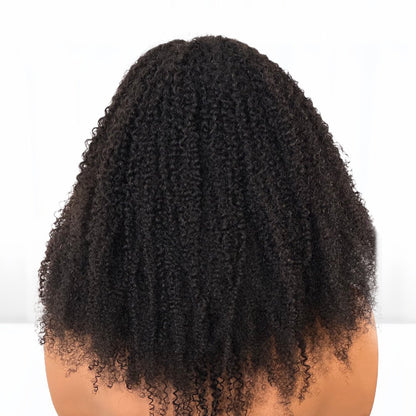 Back view of Natural looking 4B Kinky Curly hair U-part clip in wig. Perfect for self installation. Hair color #1B. hair length 20-inches. sold by sl raw virgin hair