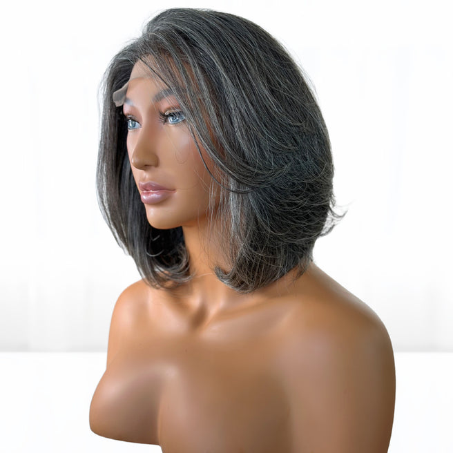 Beautiful Natural gray salt and pepper Fit 'N' Go Short Bob wig for mature women. Thick and fully made of Southeast asian human hair. Crafted with precision cutting layers