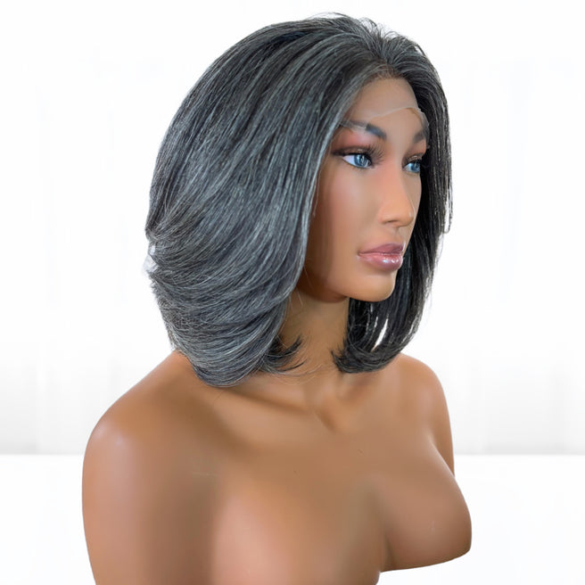 Beautiful Natural looking gray hair salt and pepper Fit 'N' Go Wig in 12-inches. Bob style Cut into Razor Short Layers for mature women. Thick and fully made of Raw Vietnamese human hair. For medium head sizes 22inch circumference. Crafted with precision cutting layers for a feather look. Price $865.24