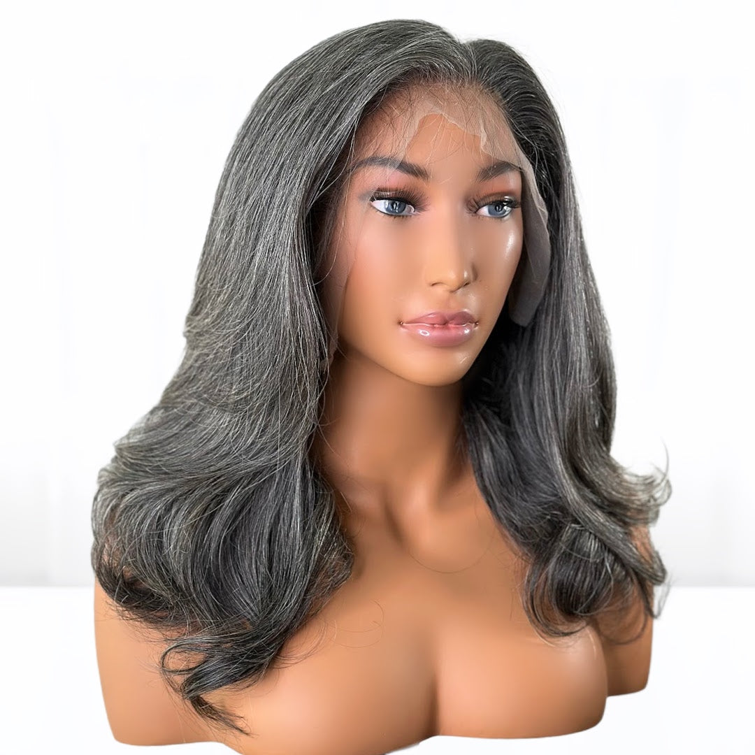 Natural looking gray hair salt n pepper Lace Front Wig in 16-inches for mature women. Thick and fully made of Raw Vietnamese human hair. For Large head sizes 22.5inch circumference.