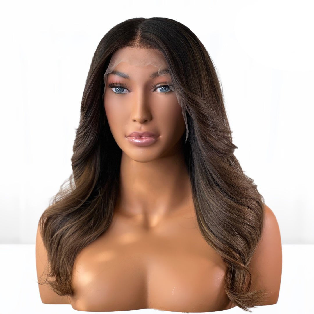 Lace front wig mix of chestnut browns and golden ash hues. Redken Hair color 9GB and 7AG