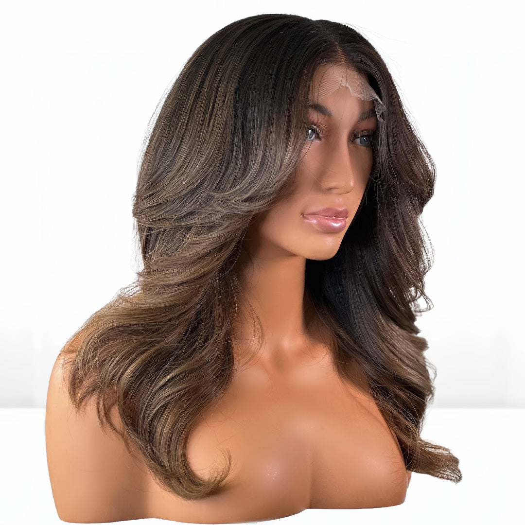 Golden Hour Elegance Balayage Curtain Bang Wig made with 100% raw human hair.