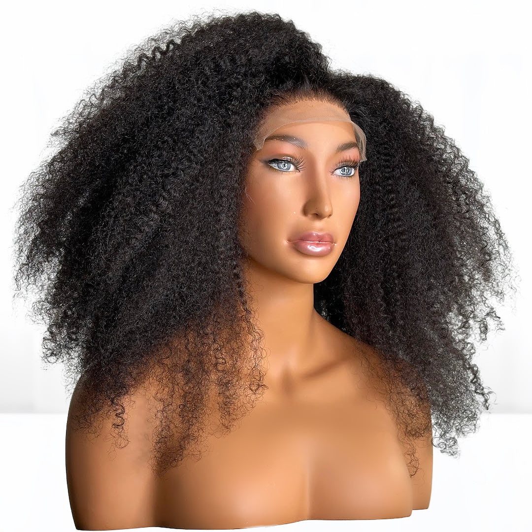 SLRVH Top trending 20 inch Raw Burmese Curly Glue-less closure wig of 150% density. Length 20-inches. Head size: Medium 22inch circumference. Great wigs for African American black woman featured in mane addicts sold at sl raw virgin hair