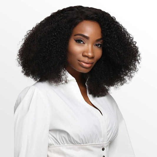 SL Raw Virgin Hair Extensions in 3B-4A curl pattern, styled on a model to showcase authentic curly textures perfect for natural hair enthusiasts.