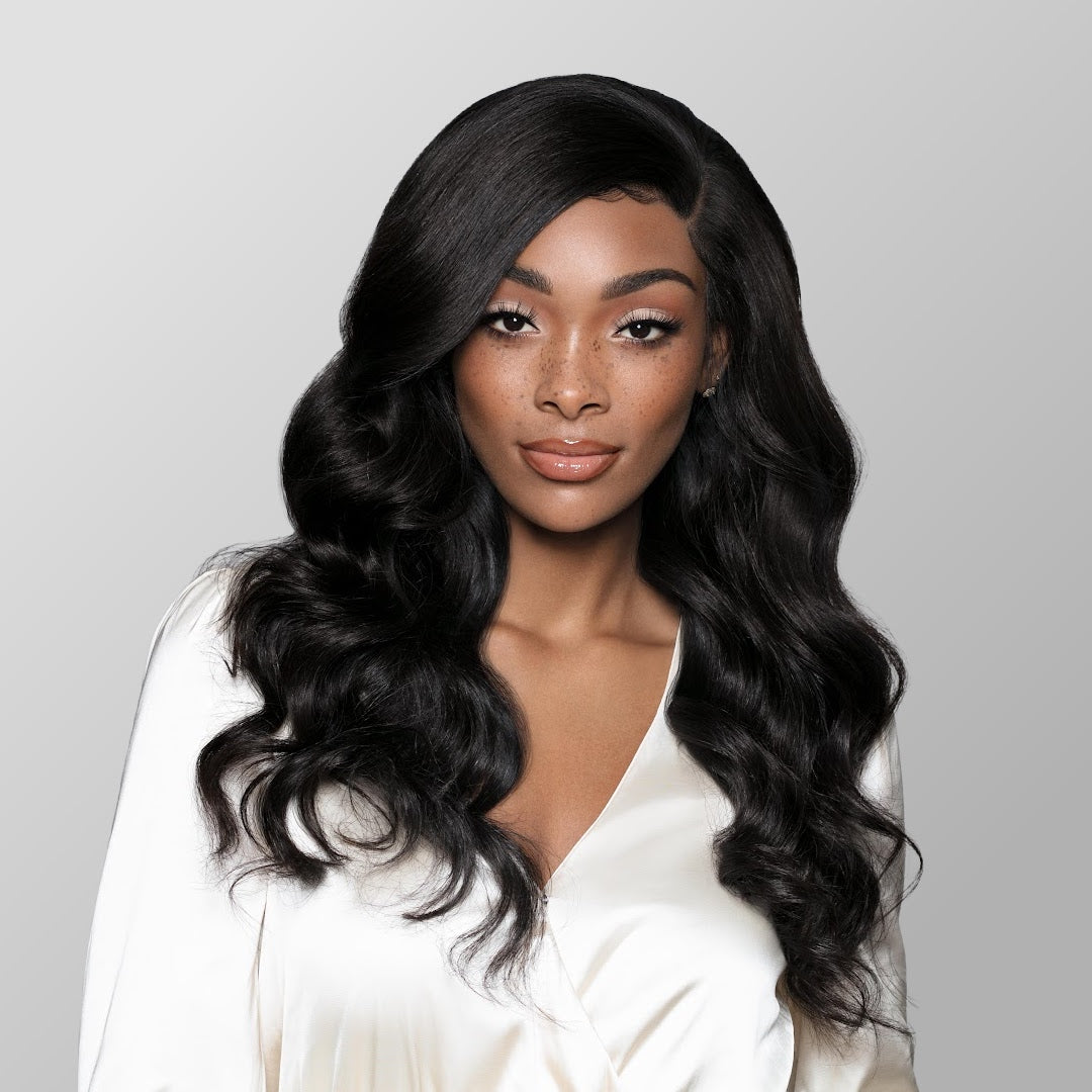 SL Raw Virgin Hair Raw Wavy Lace front wig on a model, emphasizing the soft waves and natural bounce of human hair.