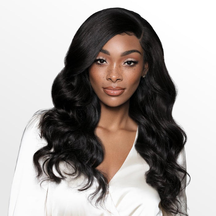 Raw Wavy Lace front wig on a model, emphasizing the soft waves and natural bounce of human hair. SL Raw Virgin Hair