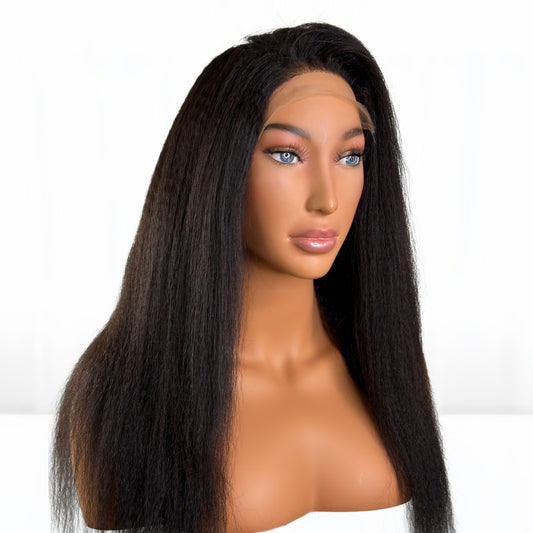 Thick KinkyStraight Textured Fit 'n' Go glue-less wig of 150% density. 7x7 HD Lace top. Free parting hair. Available in length 18-inch. Hair color #1B natural black. Mimics textured hair that’s been blowed out. Hair can be colored. Great wigs for African American black woman featured in mane addicts sold at SL Raw Virgin Hair 