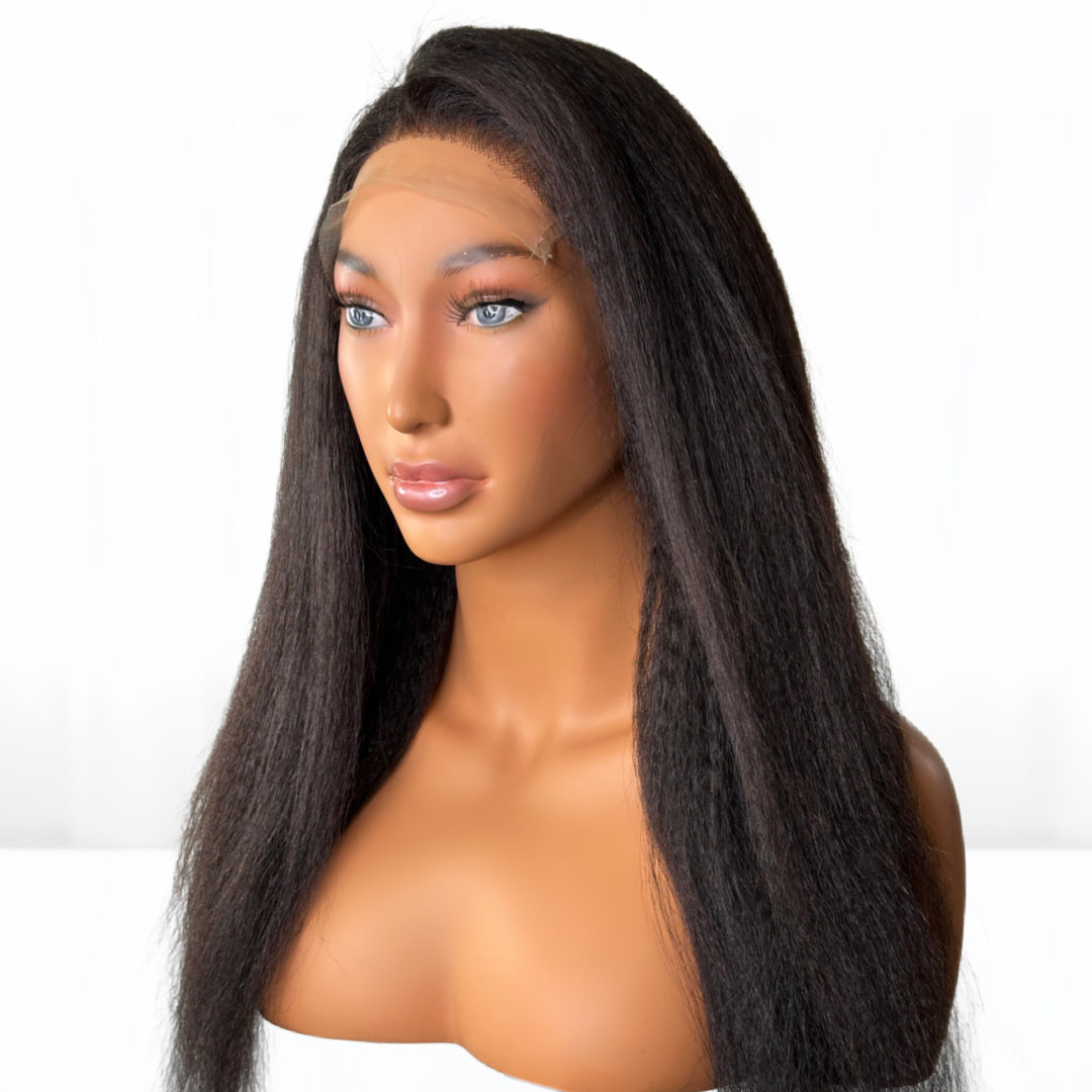 Thick KinkyStraight Textured Fit 'n' Go glue-less wig of 150% density. 7x7 HD Lace top. Free parting hair. Available in length 18-inch. Hair color #1B natural black. Mimics textured hair that’s been blowed out. Hair can be colored. Great wigs for African American black woman featured in mane addicts sold at SL Raw Virgin Hair 