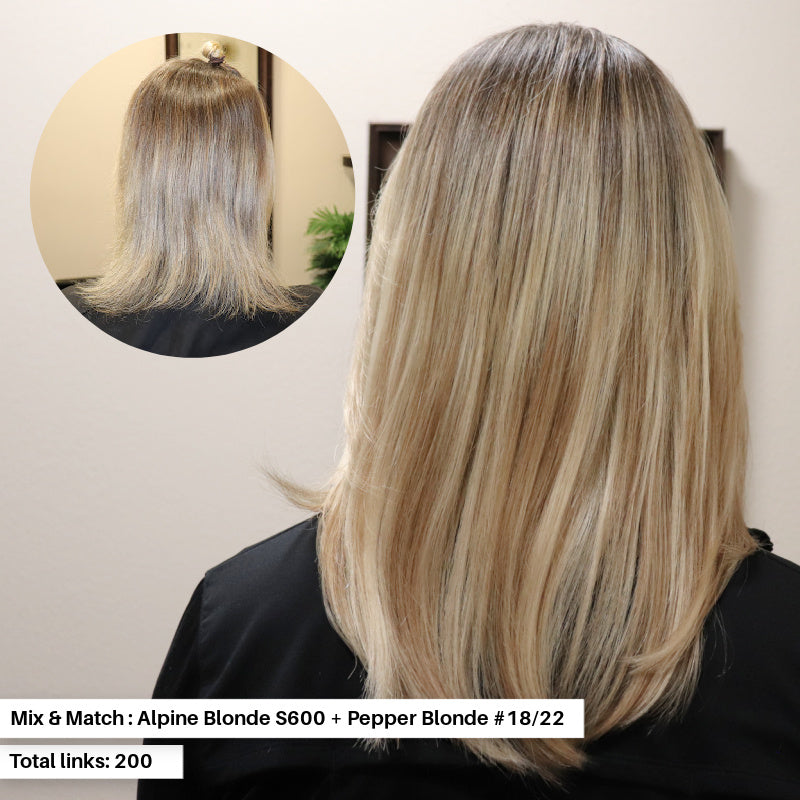 Woman wearing Seamless Remy Hair I-tip hair extensions installed at micro-links. Colors mix and match are Alpine Blonde S600 + Pepper Blonde #18/22. Amount of links that were installed is 200 seamless tips. Exclusively sold at SL Raw Virgin Hair