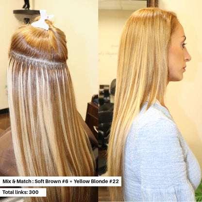 Woman wearing Seamless Remy Hair I-tip hair extensions installed at micro-links. Colors mix and match are Soft Brown #6 + Yellow Blonde #22. Amount of links that were installed is 300 seamless tips. Exclusively sold at SL Raw Virgin Hair