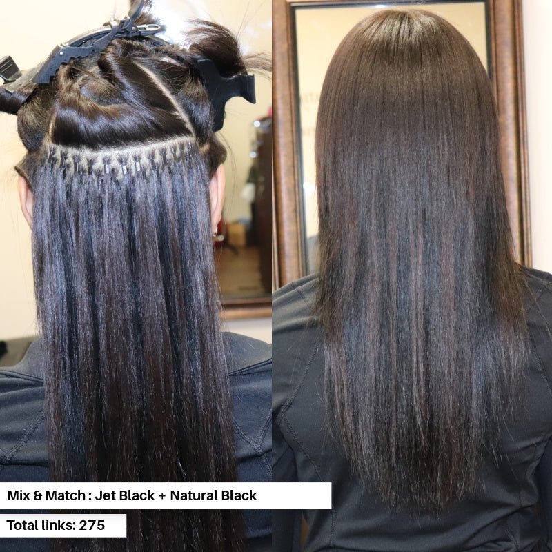 Woman wearing Seamless I-tip hair microlink extensions on short hair. See microlink hair extensions before and after. Colors mix and match are Natural Black + Jet Black. Amount of links that were installed is 275 seamless tips. Exclusively sold at SL Raw Virgin Hair