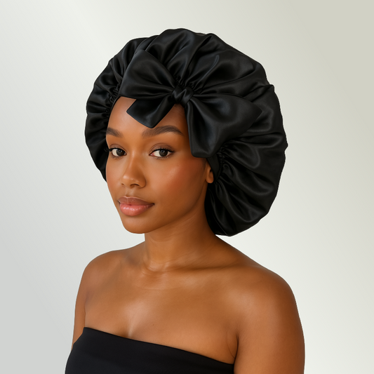 Woman wearing a black satin head wrap against a plain background