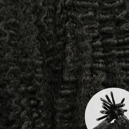  Close-up of dark brown to near-black Burmese Kinky Curly 3C hair texture, with a small circular inset in the lower right showing a traditional I-tip hair extension.