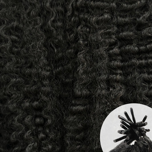  Close-up of dark brown to near-black Burmese Kinky Curly 3C hair texture, with a small circular inset in the lower right showing a traditional I-tip hair extension.