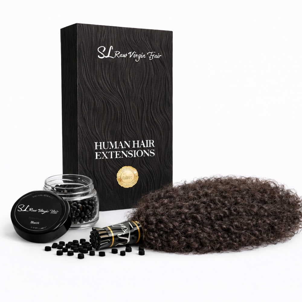 Burmese Kinky Curly Human hair I-tip extensions with packaging and microbeads on a white background