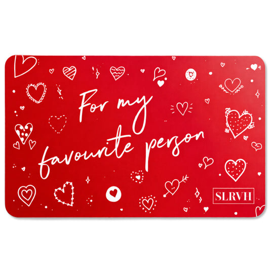 Red Valentine's gift card with 'For my favourite person' text and heart designs 