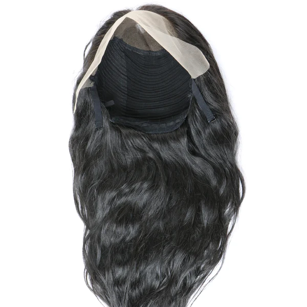 A long, wavy black hair extension or wig piece shown from the underside, revealing a beige lace front and black inner band, on a plain white background.
