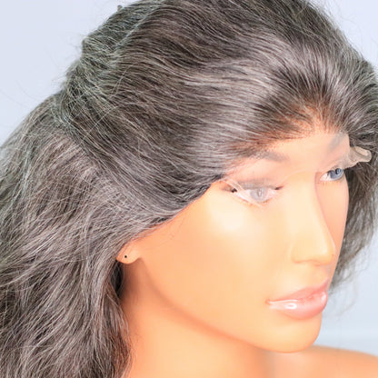 Natural gray salt-and-pepper human hair wig showing the HD lace hairline and gray color variation