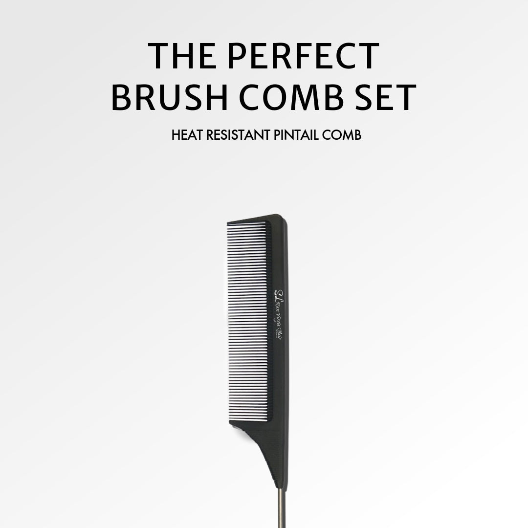 Black comb on a white background with text 'The Perfect Brush Comb Set' and 'Heat Resistant Pintail Comb'.