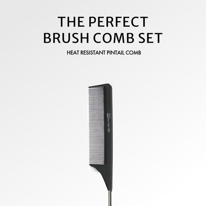 Black comb on a white background with text 'The Perfect Brush Comb Set' and 'Heat Resistant Pintail Comb'.
