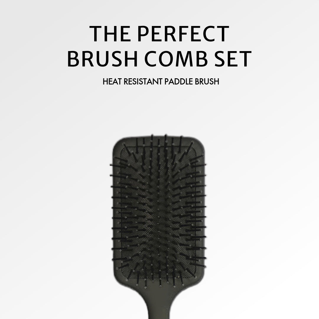 Black paddle brush with text 'The Perfect Brush Comb Set' and 'Heat Resistant Paddle Brush' on a white background