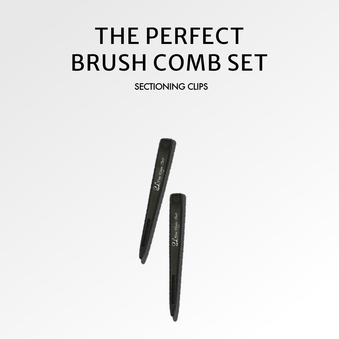 Two black sectioning clips on a white background with text 'The Perfect Brush Comb Set' and 'Sectioning Clips'.