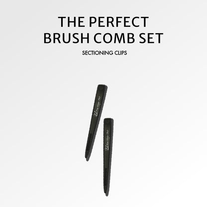 Two black sectioning clips on a white background with text 'The Perfect Brush Comb Set' and 'Sectioning Clips'.
