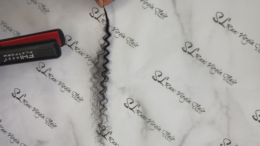 Demonstration of SL Raw Kinky Curly I-Tip Microlinks being straightened and reverting back to their original curl pattern, showcasing premium raw hair quality.