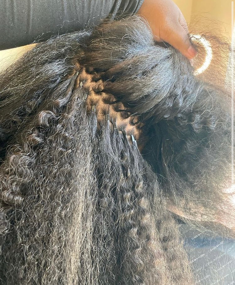 Beautiful micro-link install video using SL Raw Soft Kinky Curly i-tip 30-inches on natural hair 4b-4c curl hair type. 250 hair links used. SL Raw Virgin Hair - Installed by Las Vegas Hairstylist Devona @Theehairoine