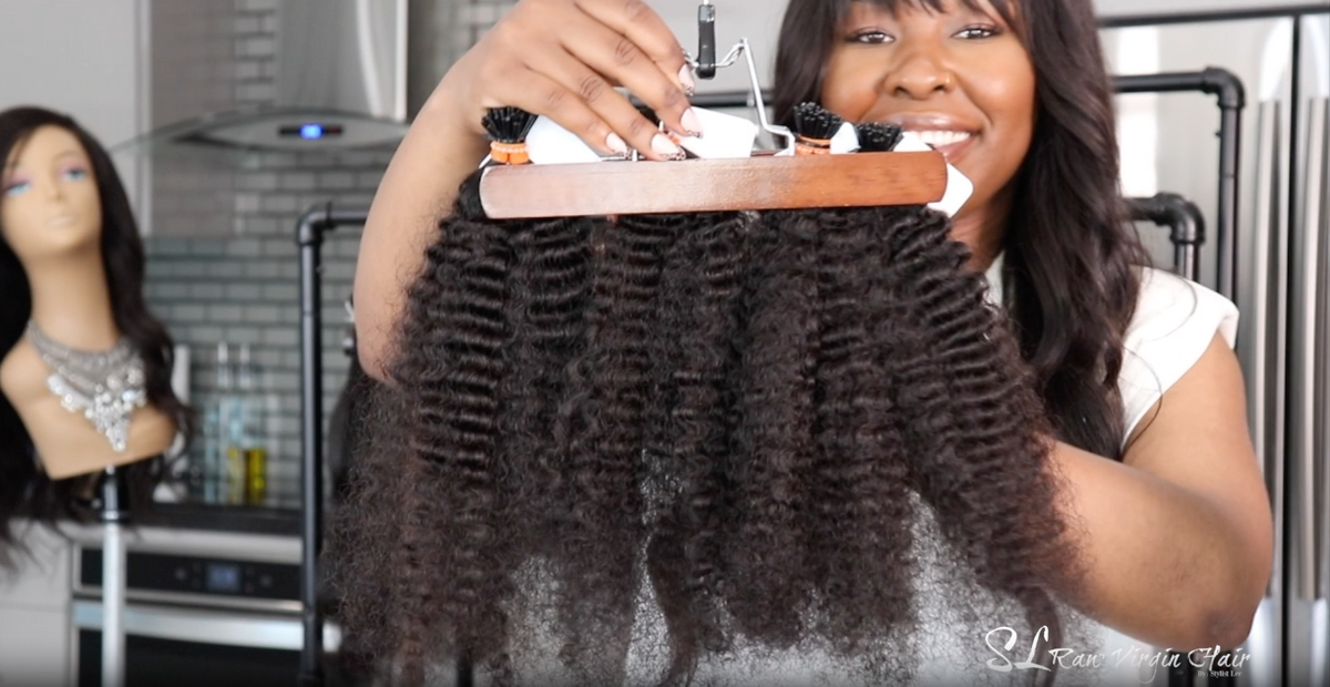 Video highlighting the 3B-4A curl pattern of SL Raw Soft Kinky Curly I-Tips, demonstrating flexibility and movement for styling microlinks.