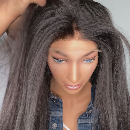Kinky Straight Fit 'N' Go Wig showing versatile parting across the HD lace top and natural-looking hairline
