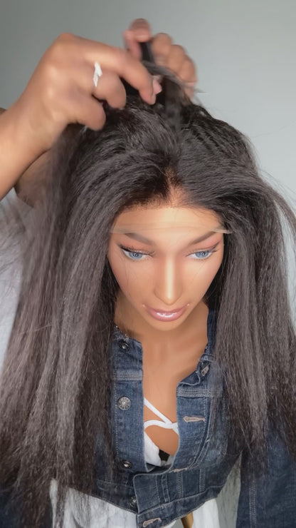 Kinky Straight Fit 'N' Go Wig showing versatile parting across the HD lace top and natural-looking hairline