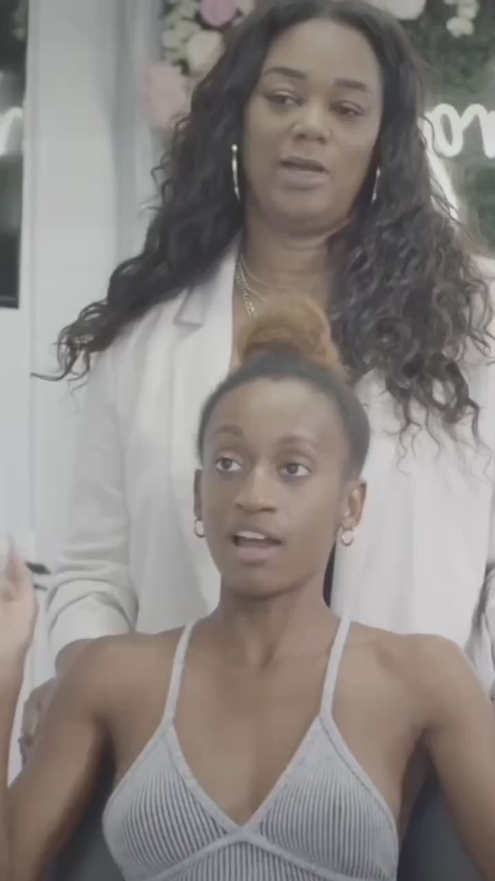 Video of Beauty Editor From Refinery 29 Before and After of Getting Microlink hair extensions installed from the Kinky Straight Hair Collection in salon