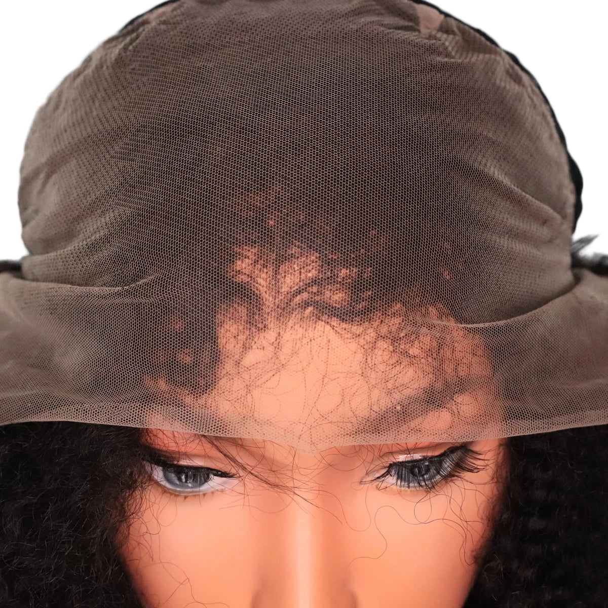Front view of Soft Kinky Curly lace front wig showing the uncut lace frontal, hairline construction and lace mesh
