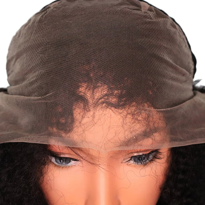 Front view of Soft Kinky Curly lace front wig showing the uncut lace frontal, hairline construction and lace mesh