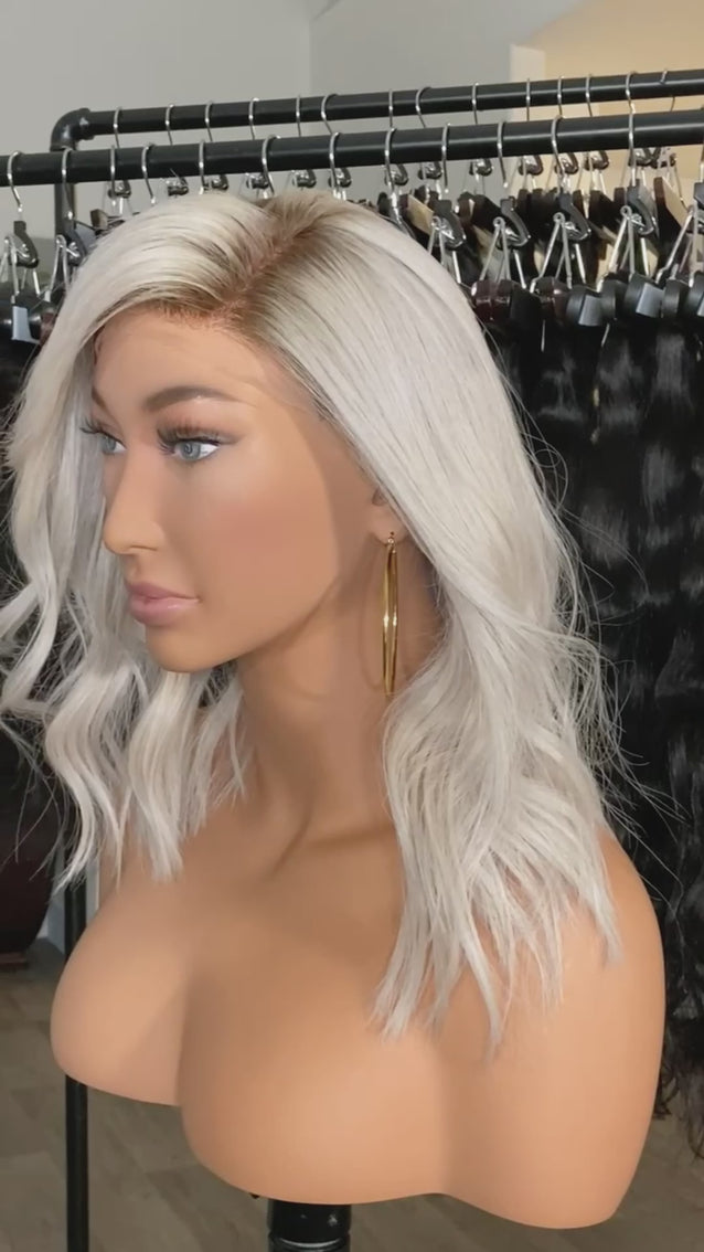 Glueless Short bob haircut Atomic blonde lace front with brown roots with 150% density ready to ship human hair wigs